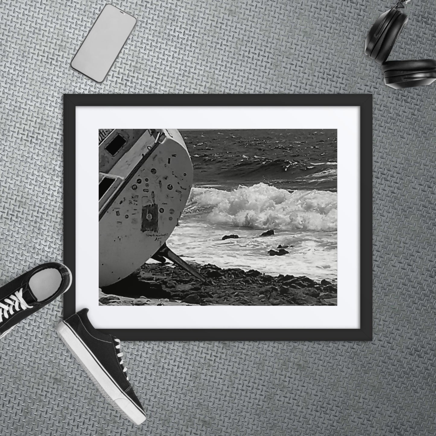 Ship-Wreck Black and White photo, Framed poster