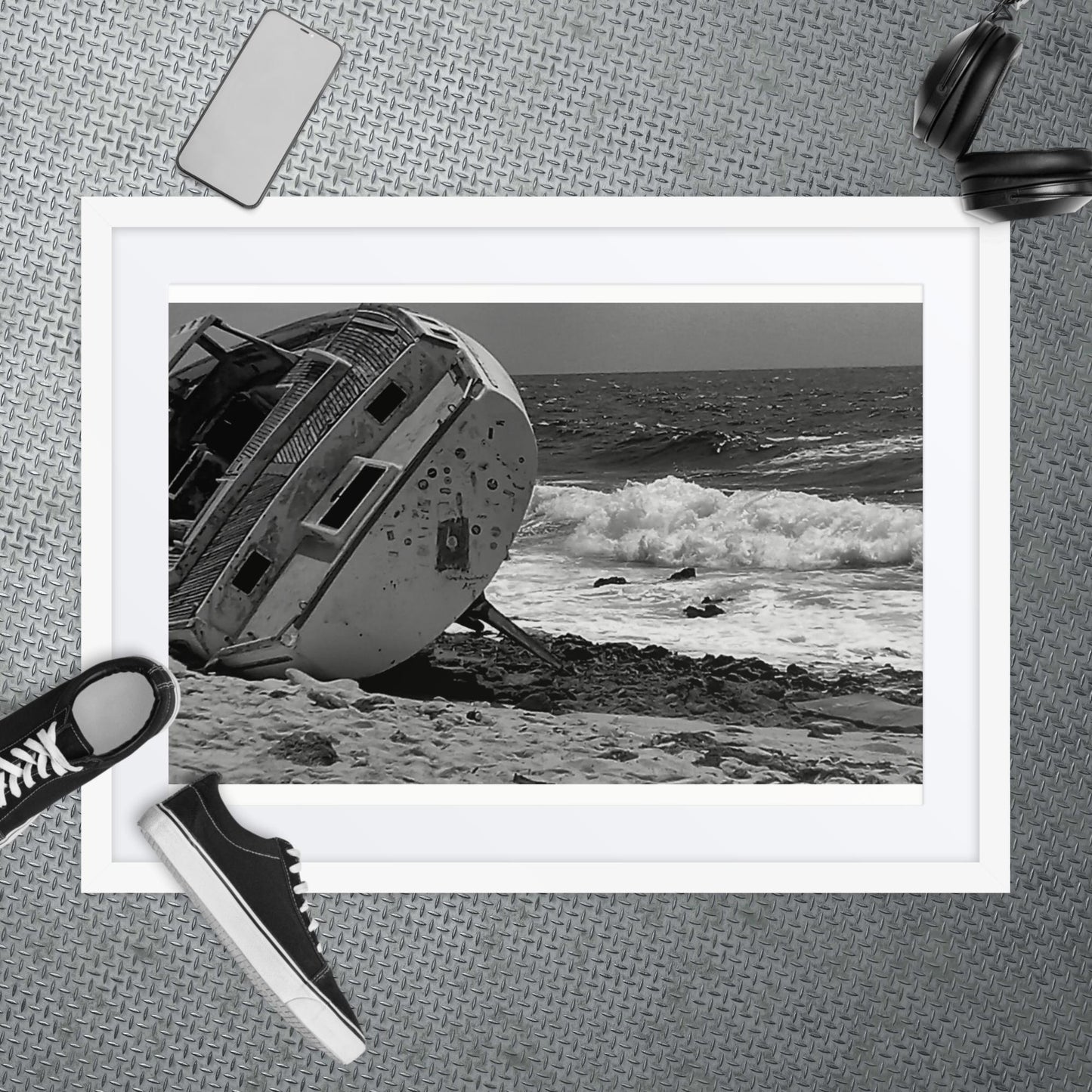 Ship-Wreck Black and White photo, Framed poster