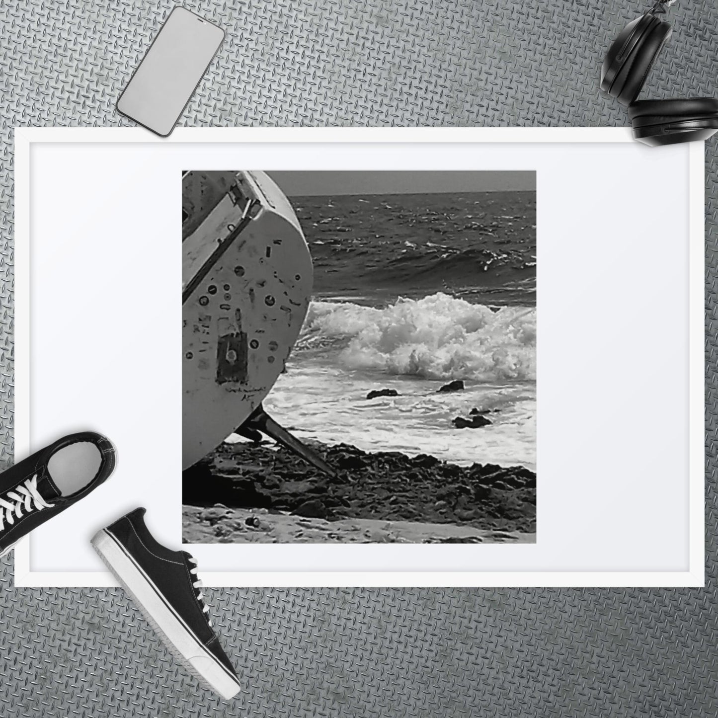 Ship-Wreck Black and White photo, Framed poster