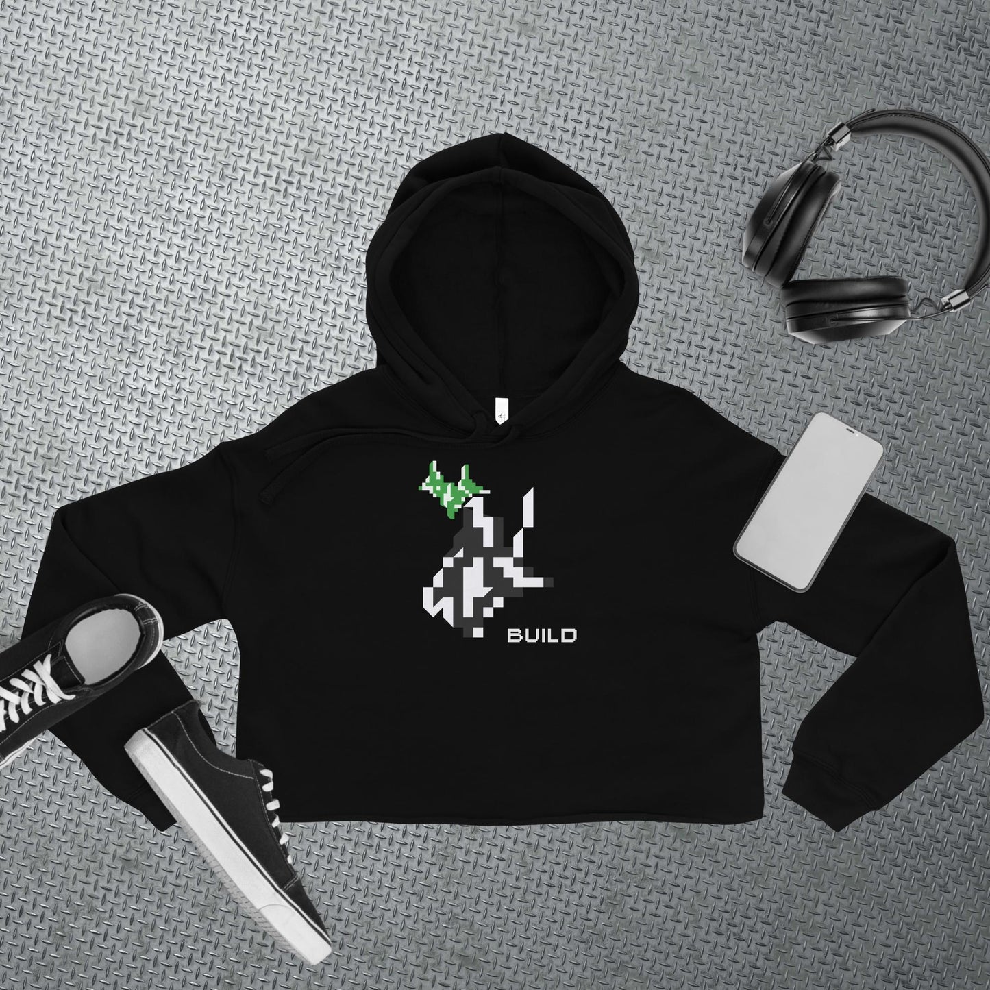Gamer Cropped Hoodie Athleisure Minimalist BUILD Pixel Graphic Tech Streetwear Fashion Gaming Gift Unisex Workout Top Comfortable Layer