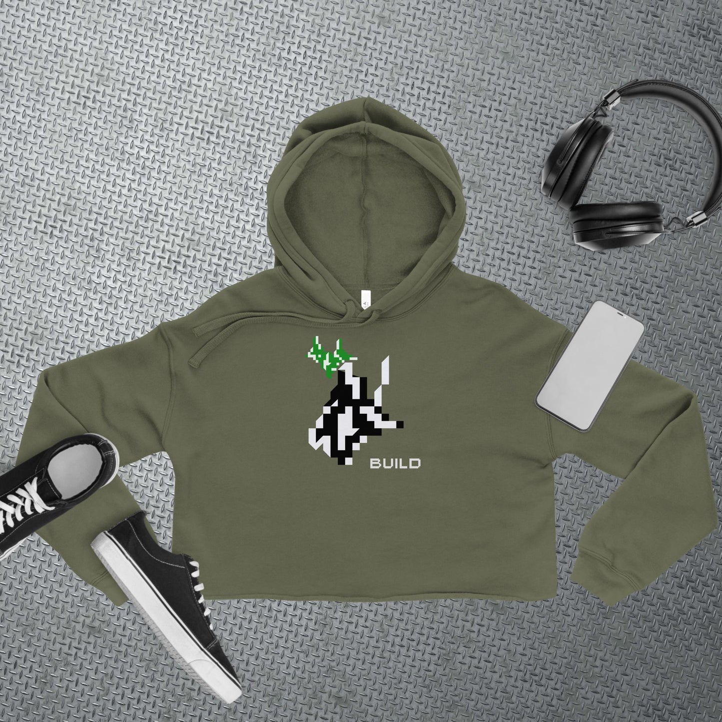Gamer Cropped Hoodie Athleisure Minimalist BUILD Pixel Graphic Tech Streetwear Fashion Gaming Gift Unisex Workout Top Comfortable Layer