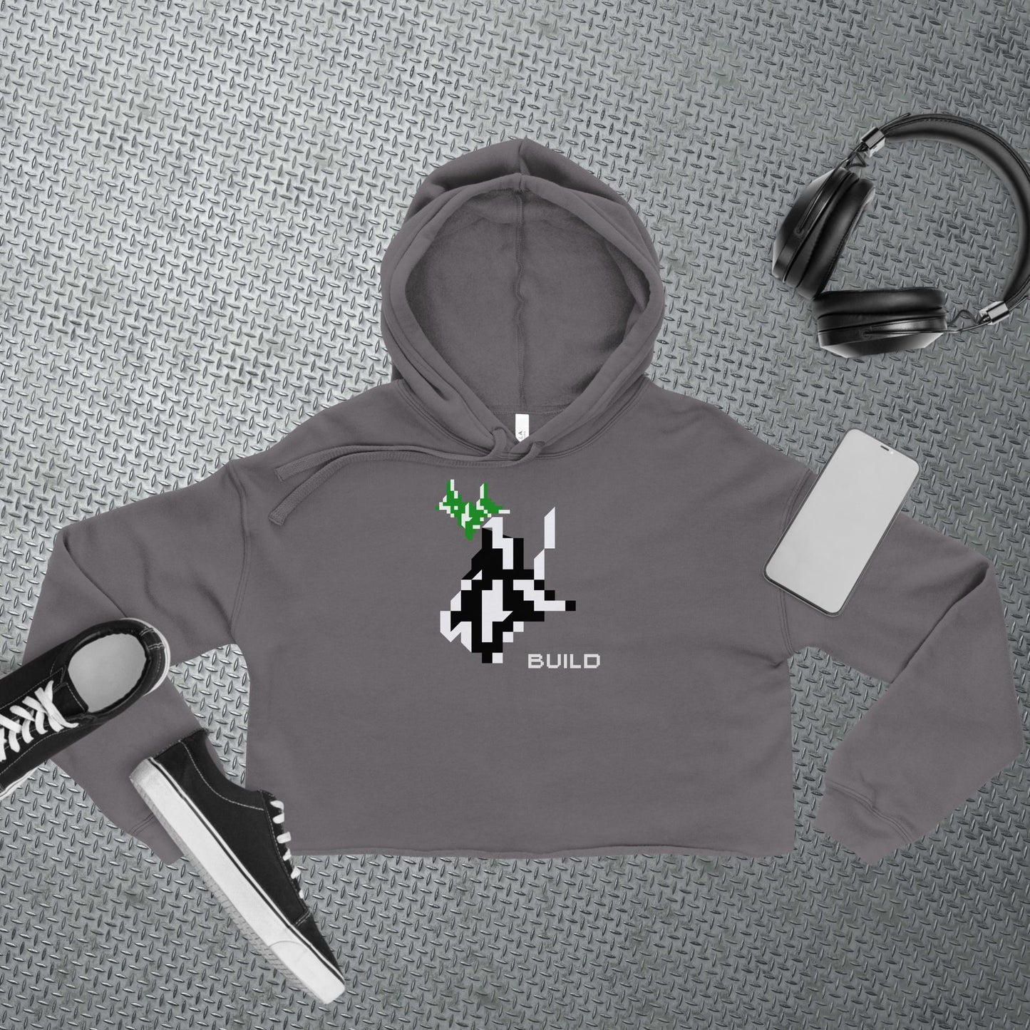 Gamer Cropped Hoodie Athleisure Minimalist BUILD Pixel Graphic Tech Streetwear Fashion Gaming Gift Unisex Workout Top Comfortable Layer
